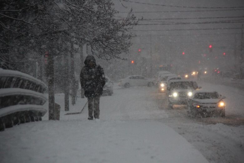 A person with their hood up walking in the snow during the evening.