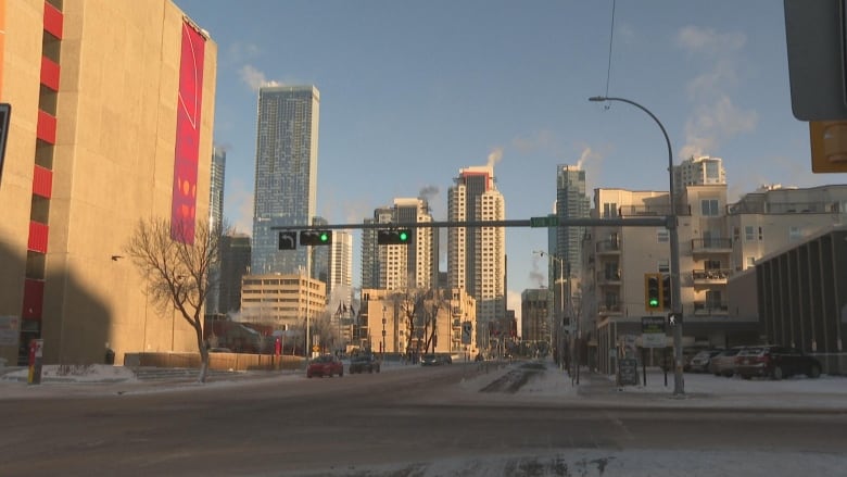 Downtown Edmonton cold foggy day.