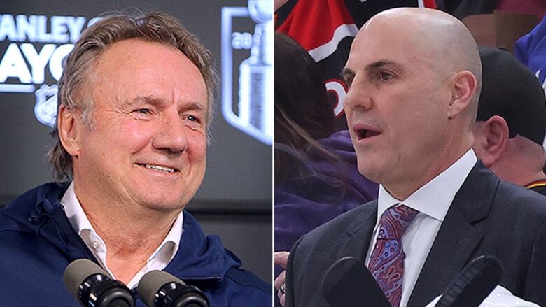 Composite photo of two head coaches standing behind their respective benches during NHL games.