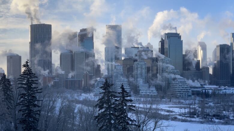 The Calgary skyline on a bitterly cold winter day.