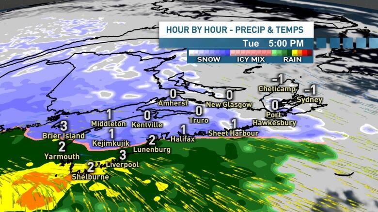 A weather map showing precipitation for Tuesday at 5 p.m. In much of Nova Scotia, expect snow, and in some instances, an icy mix.