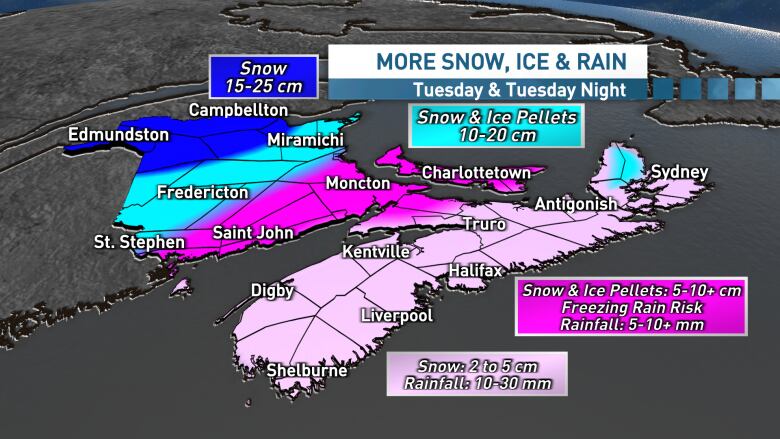 A map shows the anticipated amount of snow for Nova Scotia and the rest of the Maritimes on Tuesday. Expect 2 to 5 cm of snow and 10 to 30 mm of rain in most of Nova Scotia, with a possible 10-20 cm in parts of Cape Breton. 