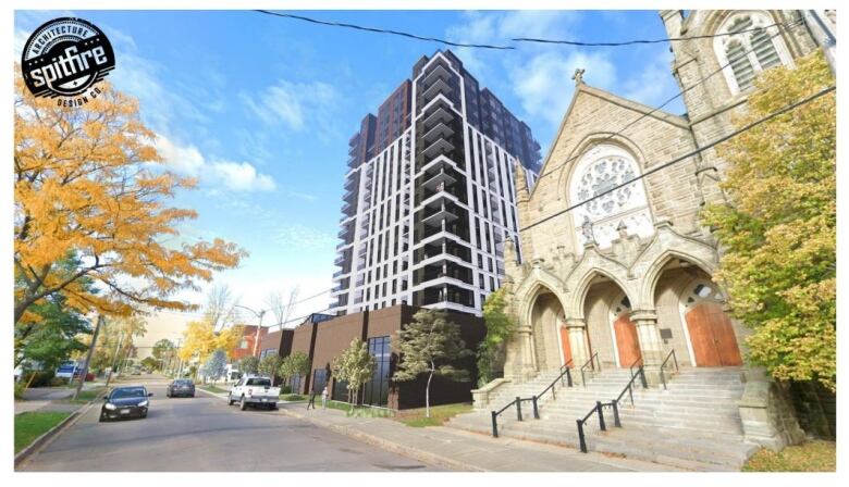 A wide-angle image showing a rendering of the proposed building beside a stone church.