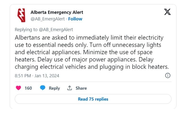 A Twitter message asking Albertans to conserve energy.