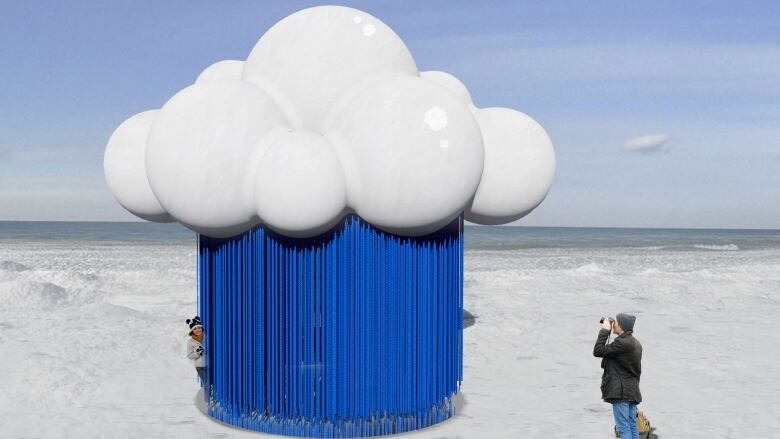 An art exhibit rendering of a cloud and rain.