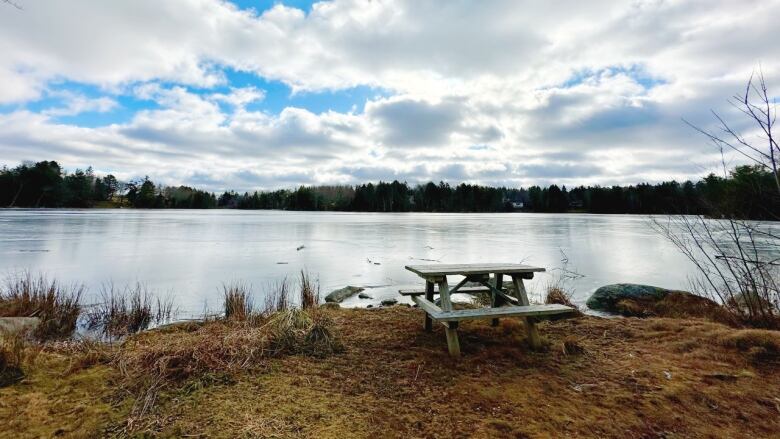 A frozen pond is shown with a picnic table.