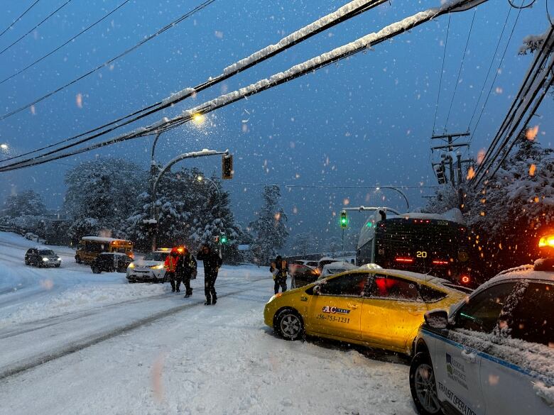 Scrambled traffic with snow.