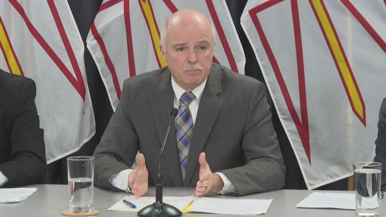 A bald man with a mustache and wearing a grey suit sits at a table behind a microphone, a row of flags behind him.