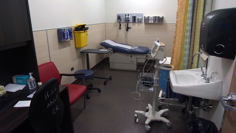 A doctors office inside a clinic, with a sink and medical equipment.