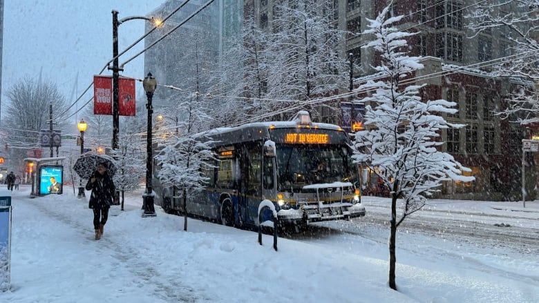 A person carrying an umbrella in heavy snow walks past a bus reading 'not in service'.