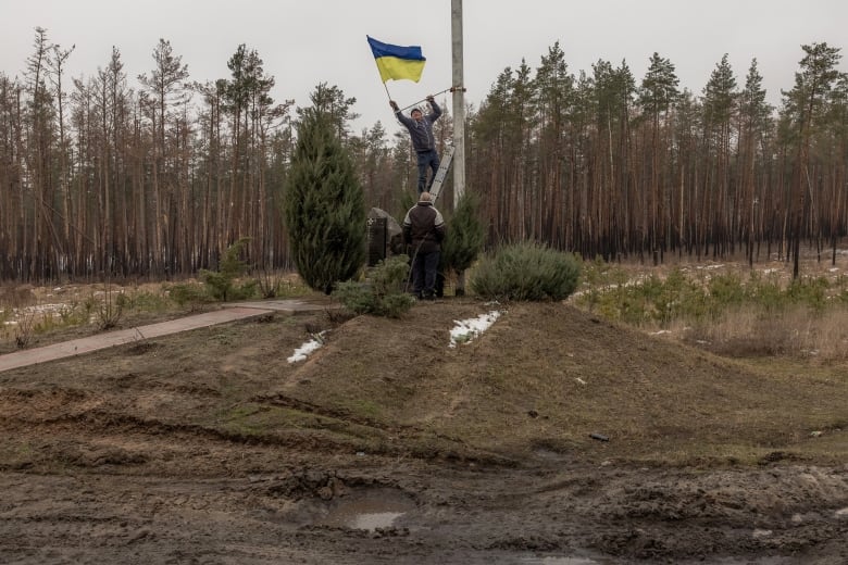 A man affixes a Ukrainian flag to a pole, surrounded by trees