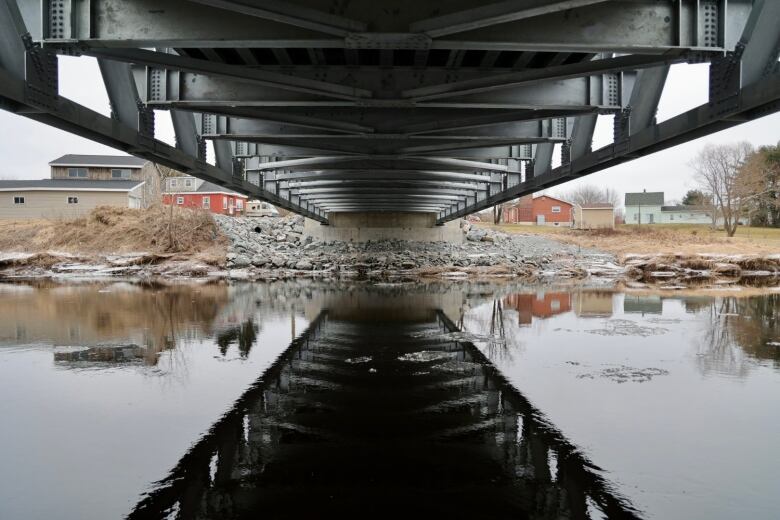 Looking under a metal bridge over a body of water.