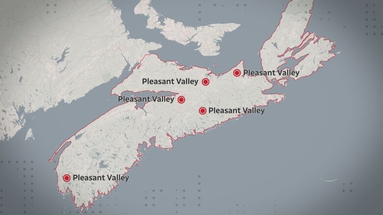 A map of Nova Scotia highlights the five communities that have the name Pleasant Valley.