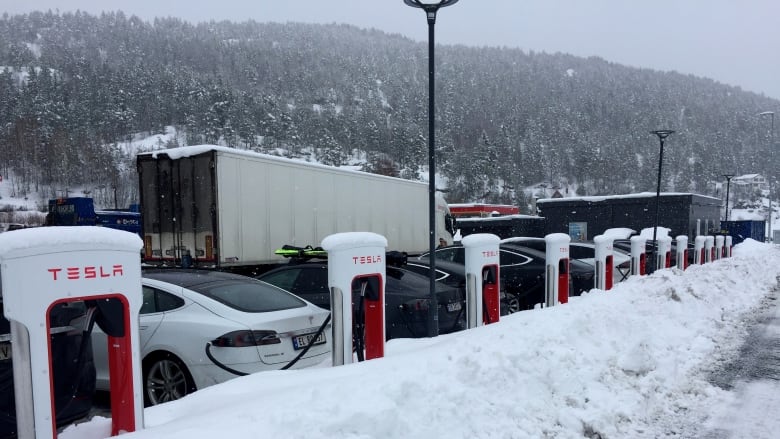 Electric cars are seen at Tesla charging station in Gulsvik, Norway.