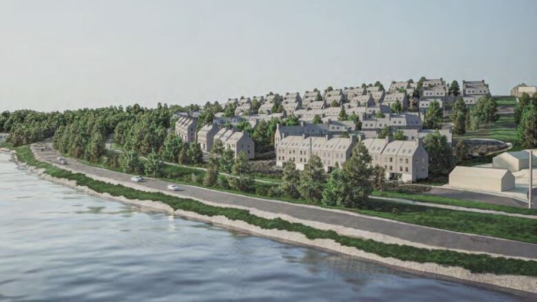 A green hill with trees sloping down to the water has short rows of grey town homes