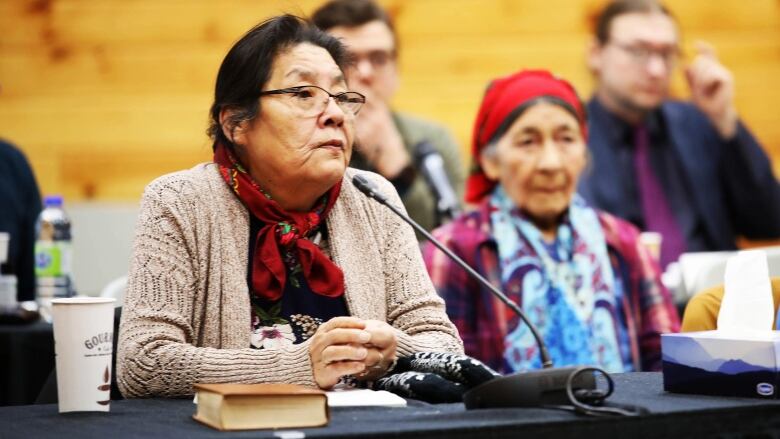 A woman sits at a table, speaking into a microphone. There are a few blurred people sitting in the background. 