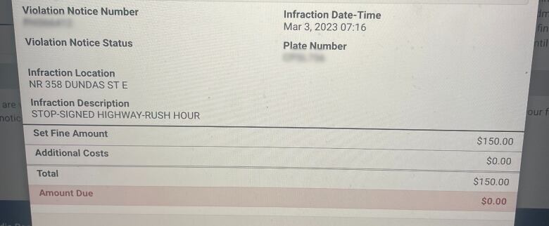 Details of a Toronto parking violation.