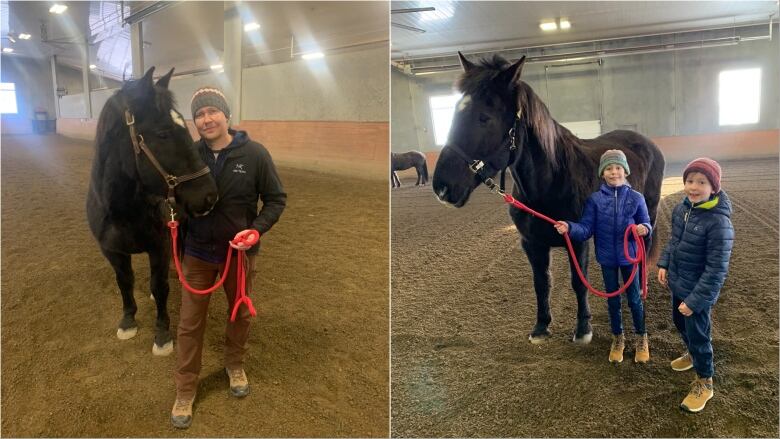 A collage. A man with a horse on the left, and two young children with the same horse on the right.