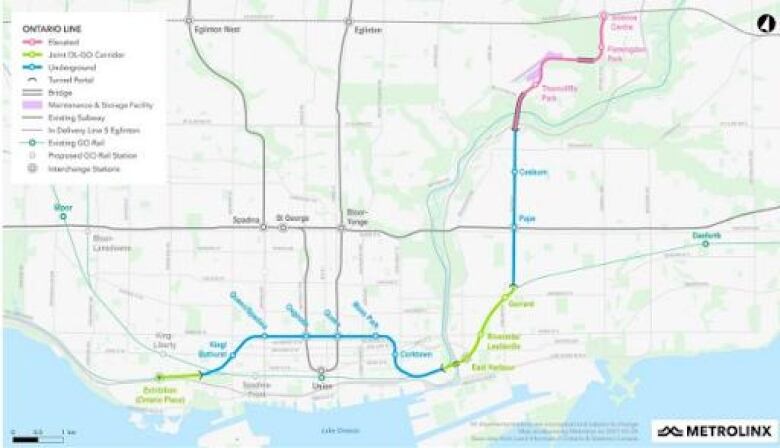 A map of the Ontario Line included in a city staff report discussed by the Toronto and East York Community Council on Wednesday.