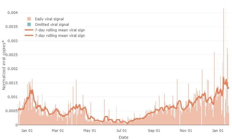 A chart of the level of coronavirus in Ottawa's wastewater since January 2023.