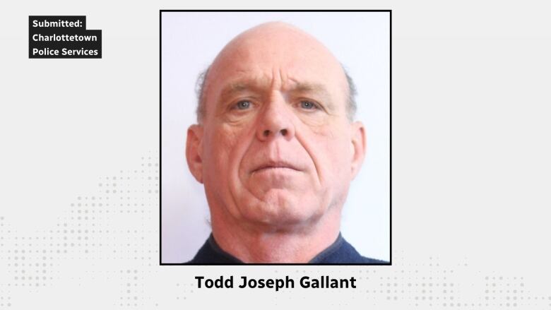 A mugshot of a balding man inlaid against a graphic reading Todd Joseph Gallant