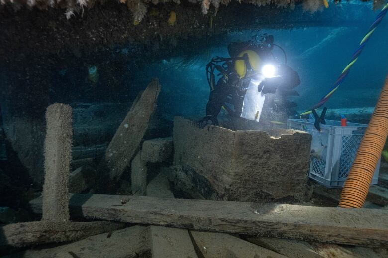 A diver holds a bag underwater.