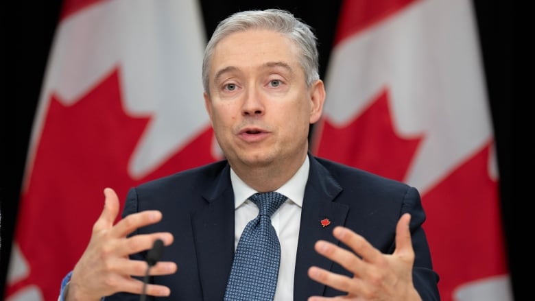 A man gestures with his hands as he speaks to reporters in a press conference room. Two Canadian flags are drapped in the background.