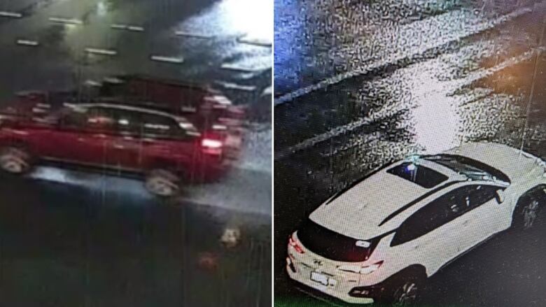 A composite photo showing a red SUV in the dark on the left and and a white SUV in the dark on the right.