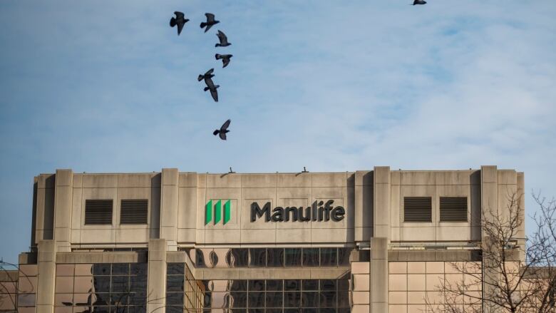 A flock of birds fly near a Manulife office building.