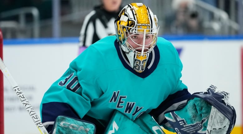 A goaltender stares ahead during a game.