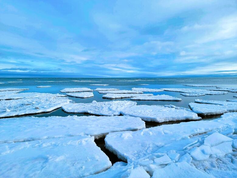 Circular blocks of ice float over blue water.