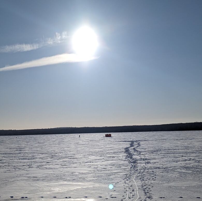 A bright white sun glares down over a frozen pond.