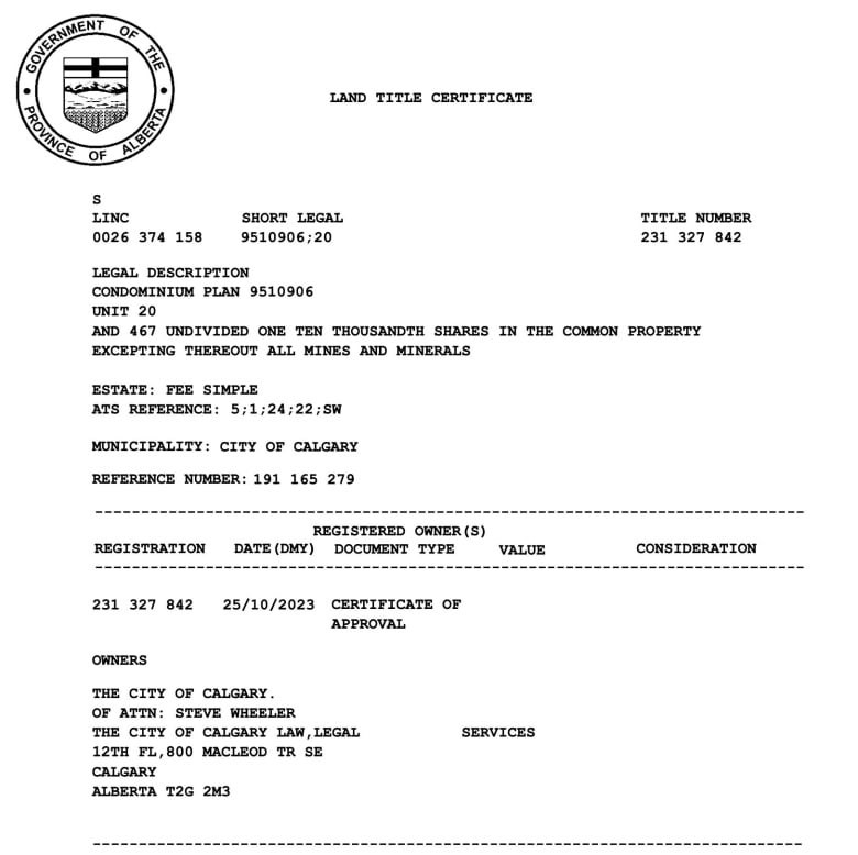 The land title for one of the townhomes in Eau Claire, showing the city as owner as of October 25, 2023. The city expropriated 21 of the 23 properties as part of the Green Line LRT project.