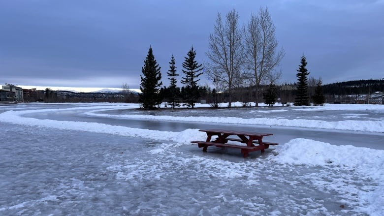 A frozen over park, with an empty picnic table. 