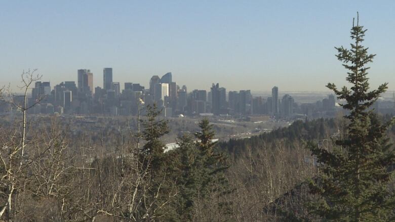 a shot of the city of calgary 's downtown from far away.