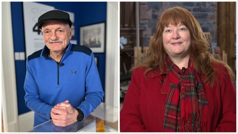 A collage of two photos. On the left, a smiling man wearing a Gatby cap leans on a table. On the right, a woman wearing a red jacket stands in a construction site.