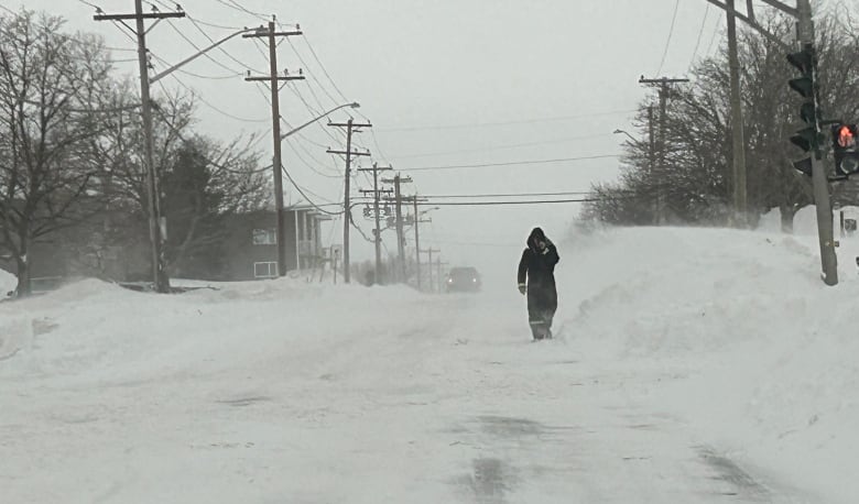 Pedestrian in dark clothing walks next to massive snow drift