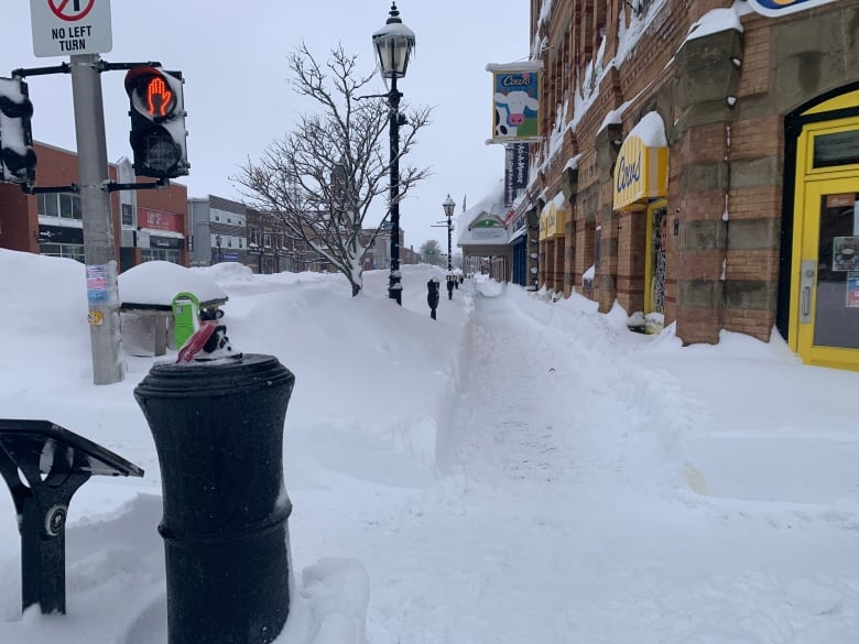 view of street covered in snow with small path cleared in sidwalk and large banks on either side