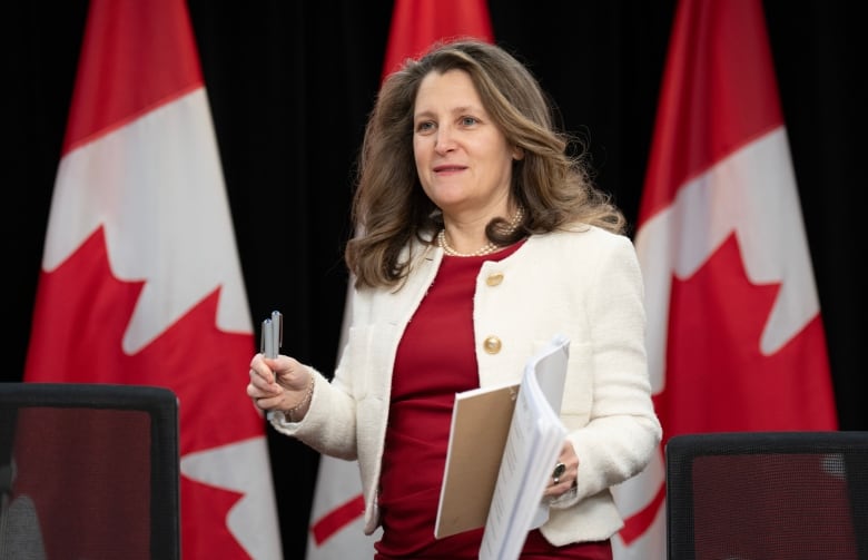 Deputy Prime Minister and Finance Minister Chrystia Freeland arrives for a news conference in Ottawa on Tuesday, Feb.6, 2024.