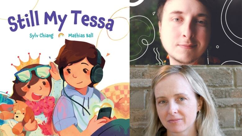 On the left, a picture book with a cover showing two children, one wearing a crown and sunglasses and the other wearing headphones attached to their phone. On the right a photo of a man and of a woman smiling at the camera.