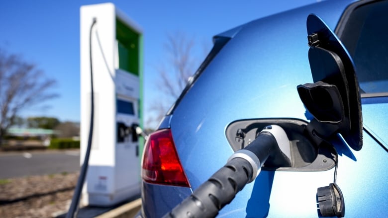 a close-up of the charging port on a blue electric vehicle.