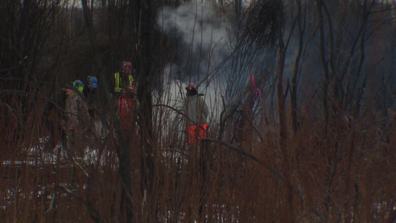 A group of firefighters wearing bunker gear and helmets gather around a cloud of grey smoke.