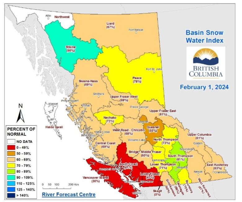 A map shows very low water levels on the south west of British Columbia, in red, and other parts of the province also seeing lower levels, in shades of yellow.