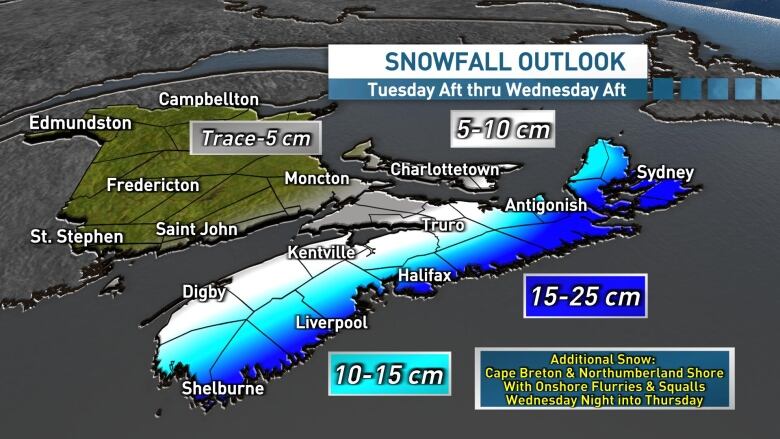 A diagram shows possible snowfall amounts across Nova Scotia for the nor'easter hitting the province between Feb. 13 and Feb 14.