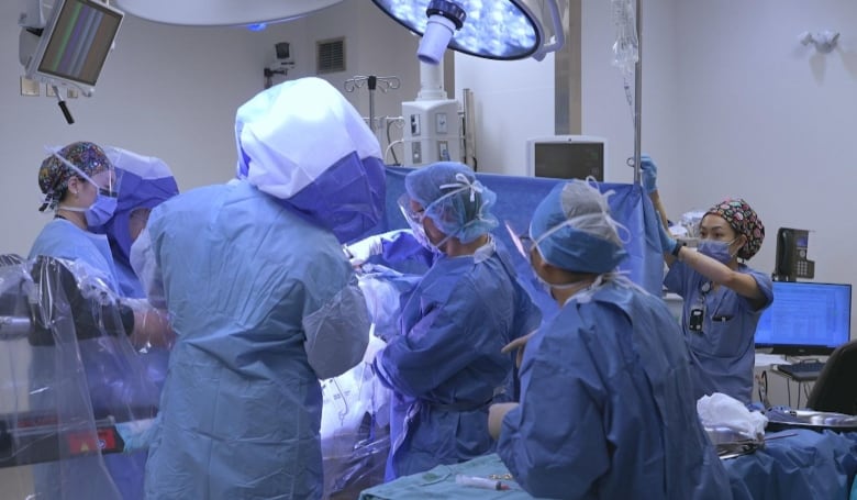 An operating room team of doctors and nurses during a hip replacement surgery.