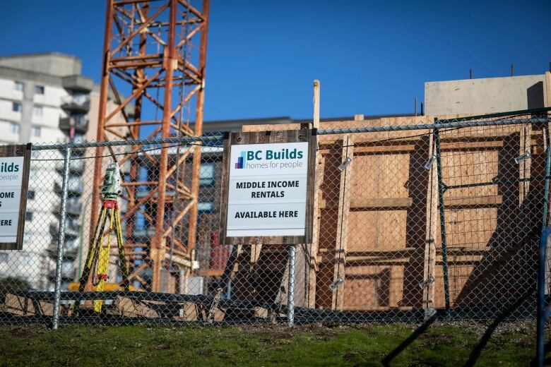 A sign in North Vancouver, B.C. on a development that is part of the B.C. Builds program which promises to build thousands of rental units for middle-income earners across the province.