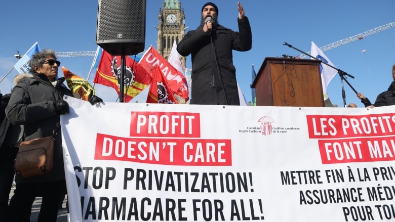 NDP leader Jagmeet Singh speaks at a health-care rally on Parliament Hill in Ottawa on Tuesday, Feb. 13, 2024. THE CANADIAN PRESS/ Patrick Doyle