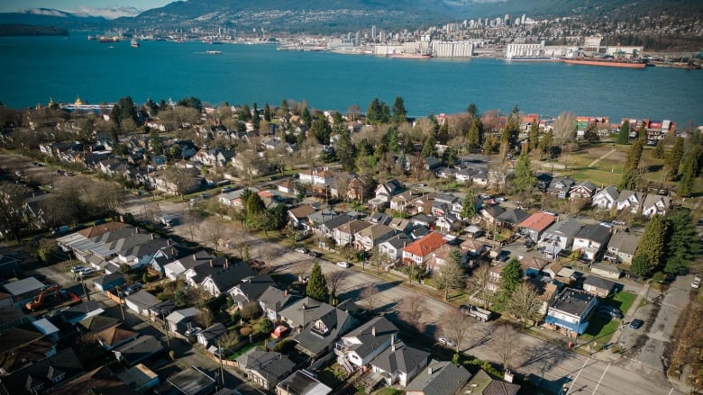 An aerial view of a Vancouver neighbourhood near the water.