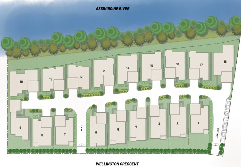 An illustration of detached homes planned for a riverbank plot of land.