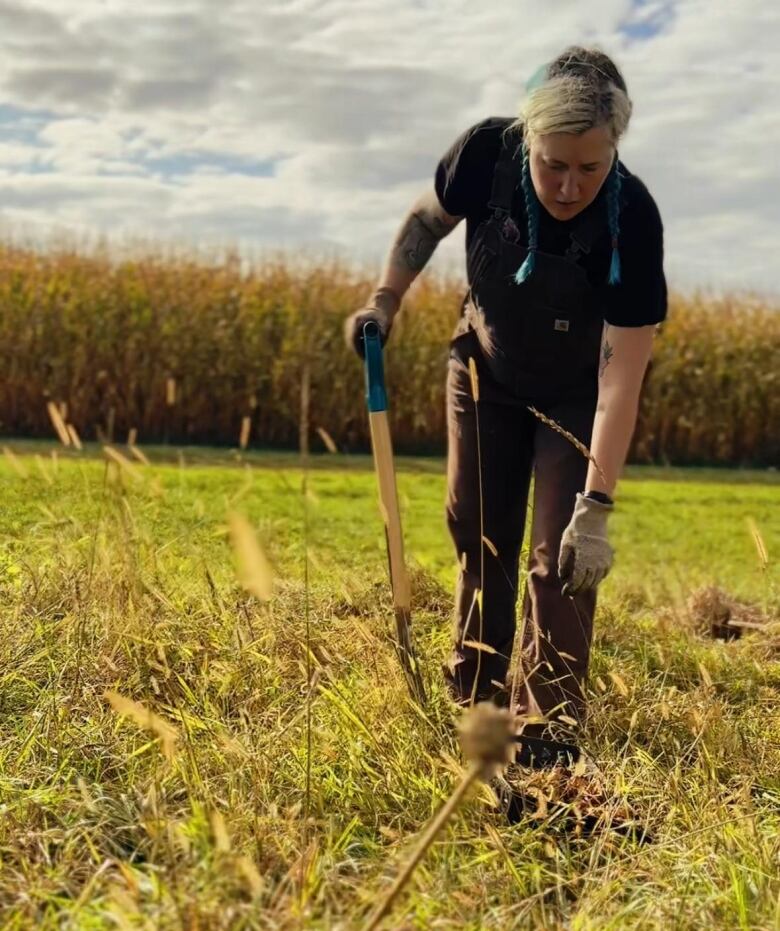 A person with long hair in braids stands in a field, wearing gloves and holding a shovel. 